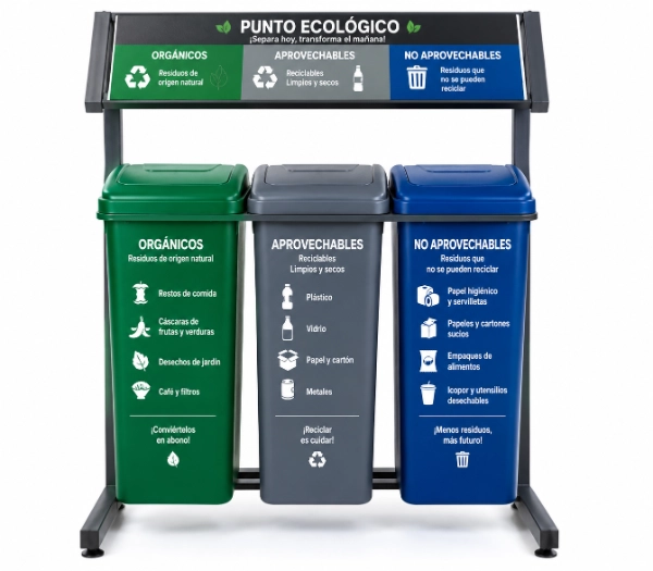 Punto ecológico con techo y recipientes de 53 litros con tapa vaivén